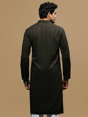 men's designer solid olive chikankari kurta 4