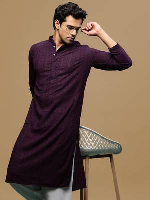 men's designer solid purple chikankari kurta 1