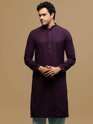 men's designer solid purple chikankari kurta 2