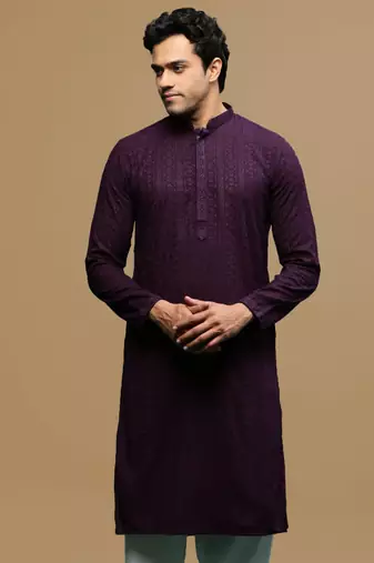 men's designer solid purple chikankari kurta