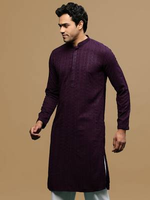 men's designer solid purple chikankari kurta 3