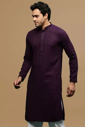 men's designer solid purple chikankari kurta