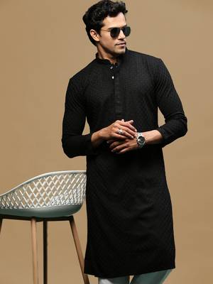 men's designer solid black chikankari kurta 1