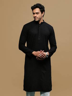 men's designer solid black chikankari kurta 2
