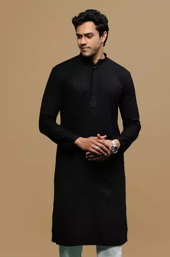men's designer solid black chikankari kurta
