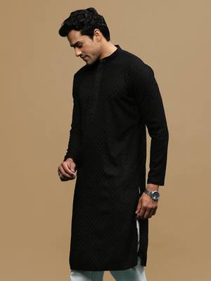 men's designer solid black chikankari kurta 3