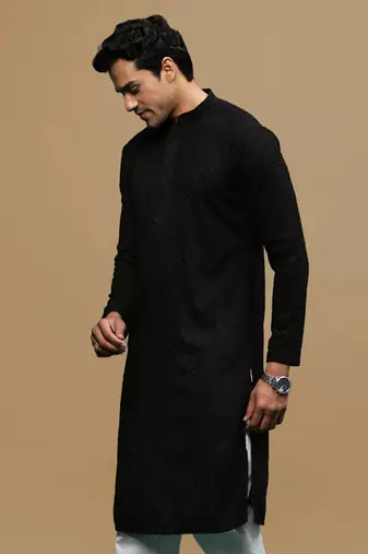 men's designer solid black chikankari kurta