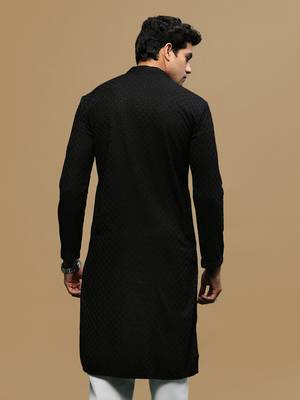 men's designer solid black chikankari kurta 4