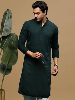 men's designer solid deep green chikankari kurta 1
