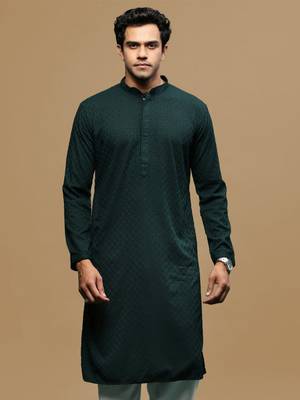 men's designer solid deep green chikankari kurta 2