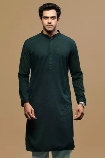 men's designer solid deep green chikankari kurta