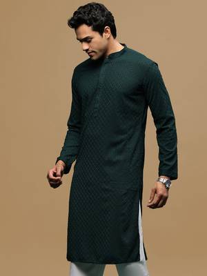 men's designer solid deep green chikankari kurta 3