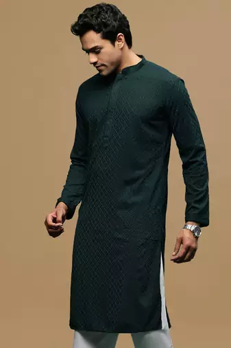men's designer solid deep green chikankari kurta