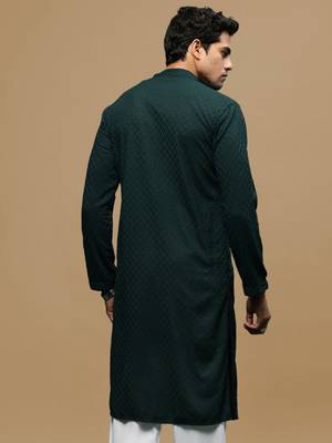 men's designer solid deep green chikankari kurta 4