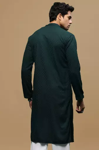 men's designer solid deep green chikankari kurta