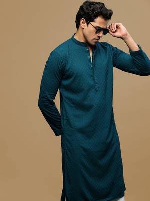 men's designer solid firozi chikankari kurta 1
