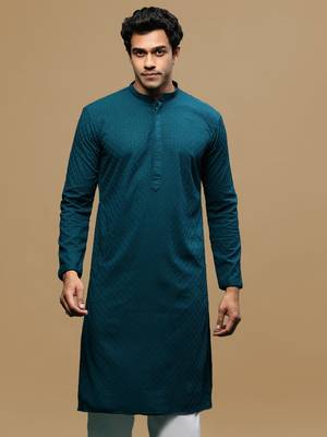 men's designer solid firozi chikankari kurta 2