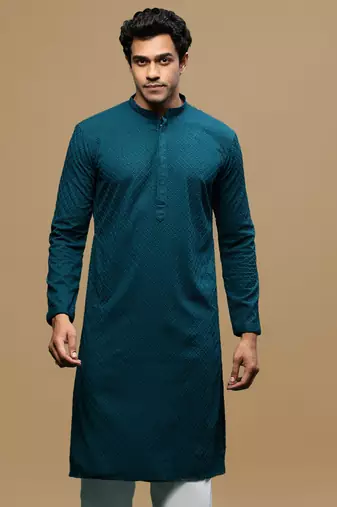 men's designer solid firozi chikankari kurta