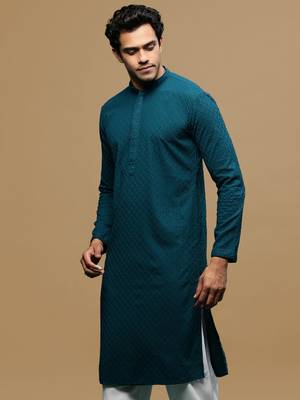 men's designer solid firozi chikankari kurta 3