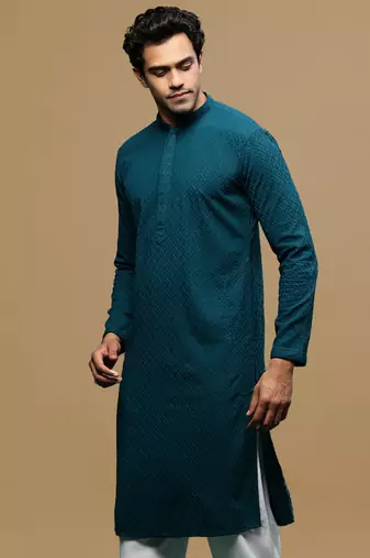 men's designer solid firozi chikankari kurta