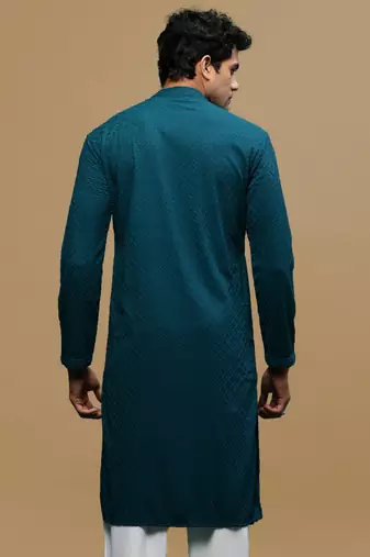 men's designer solid firozi chikankari kurta