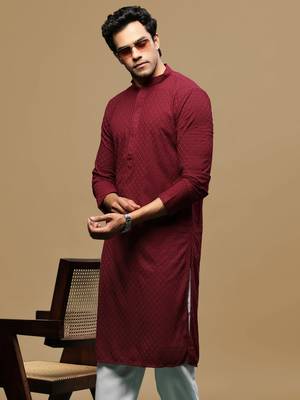 men's designer solid maroon chikankari kurta 1