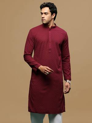men's designer solid maroon chikankari kurta 2