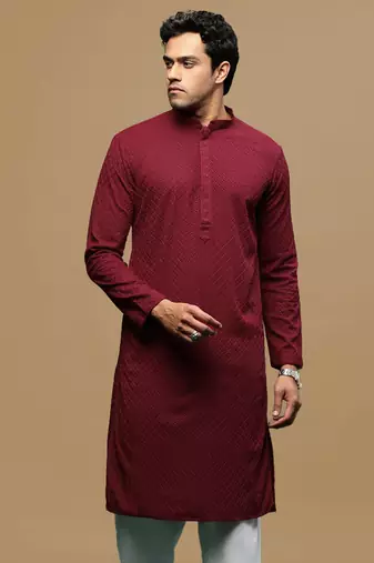 men's designer solid maroon chikankari kurta
