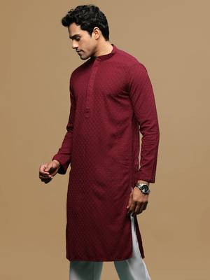 men's designer solid maroon chikankari kurta 3