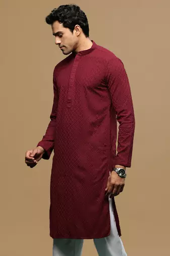 men's designer solid maroon chikankari kurta