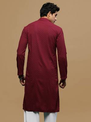 men's designer solid maroon chikankari kurta 4