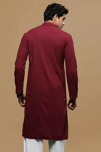 men's designer solid maroon chikankari kurta