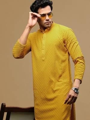 men's designer solid mustard chikankari kurta 1
