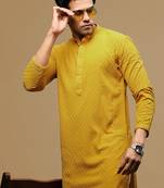men's designer solid mustard chikankari kurta