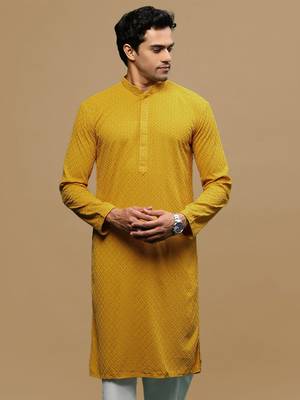 men's designer solid mustard chikankari kurta 2