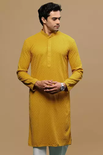 men's designer solid mustard chikankari kurta