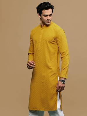 men's designer solid mustard chikankari kurta 3