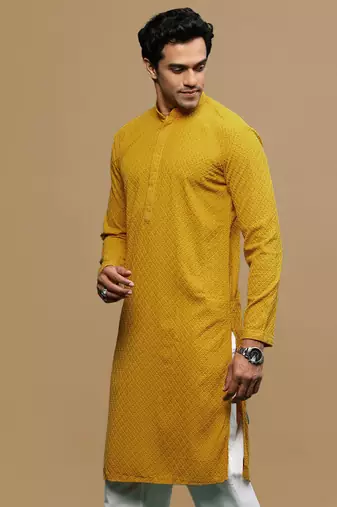 men's designer solid mustard chikankari kurta