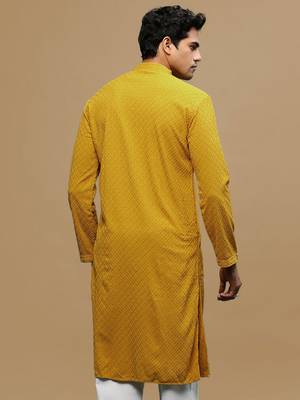 men's designer solid mustard chikankari kurta 4