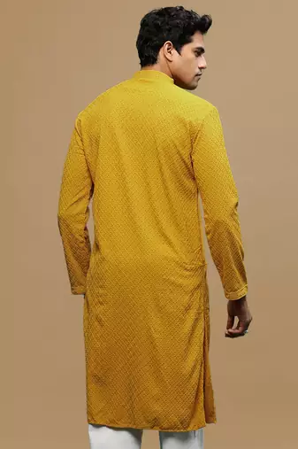 men's designer solid mustard chikankari kurta