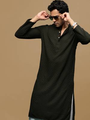 men's designer solid olive chikankari kurta 1