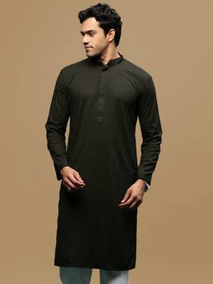 men's designer solid olive chikankari kurta 2