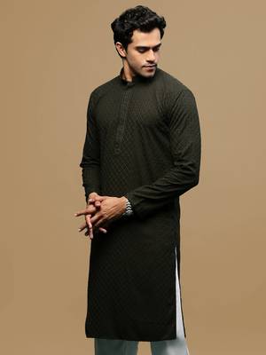 men's designer solid olive chikankari kurta 3