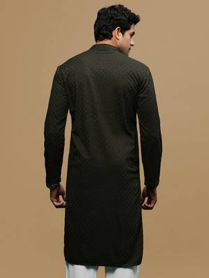 men's designer solid olive chikankari kurta 4
