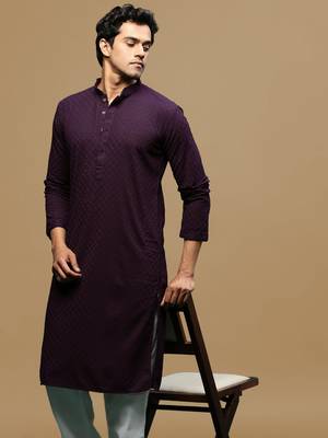men's designer solid purple chikankari kurta 1
