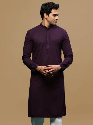 men's designer solid purple chikankari kurta 2