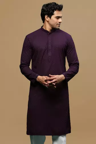 men's designer solid purple chikankari kurta