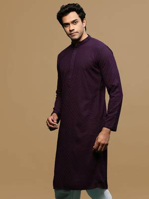 men's designer solid purple chikankari kurta 3