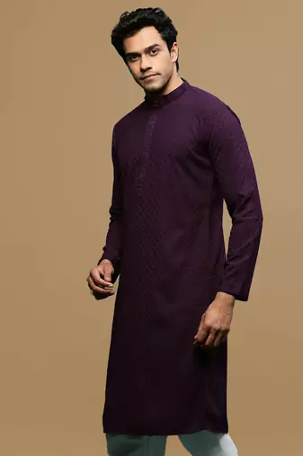 men's designer solid purple chikankari kurta