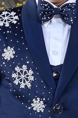 Boys 5-piece satin beadwork coat pant suit set - navy blue 6